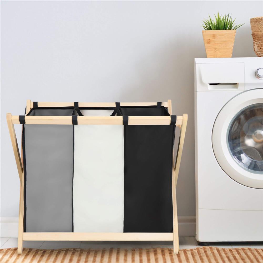 Cos de rufe cu 3 compartimente, cadru din lemn, 67x42x57 cm, 105 litri