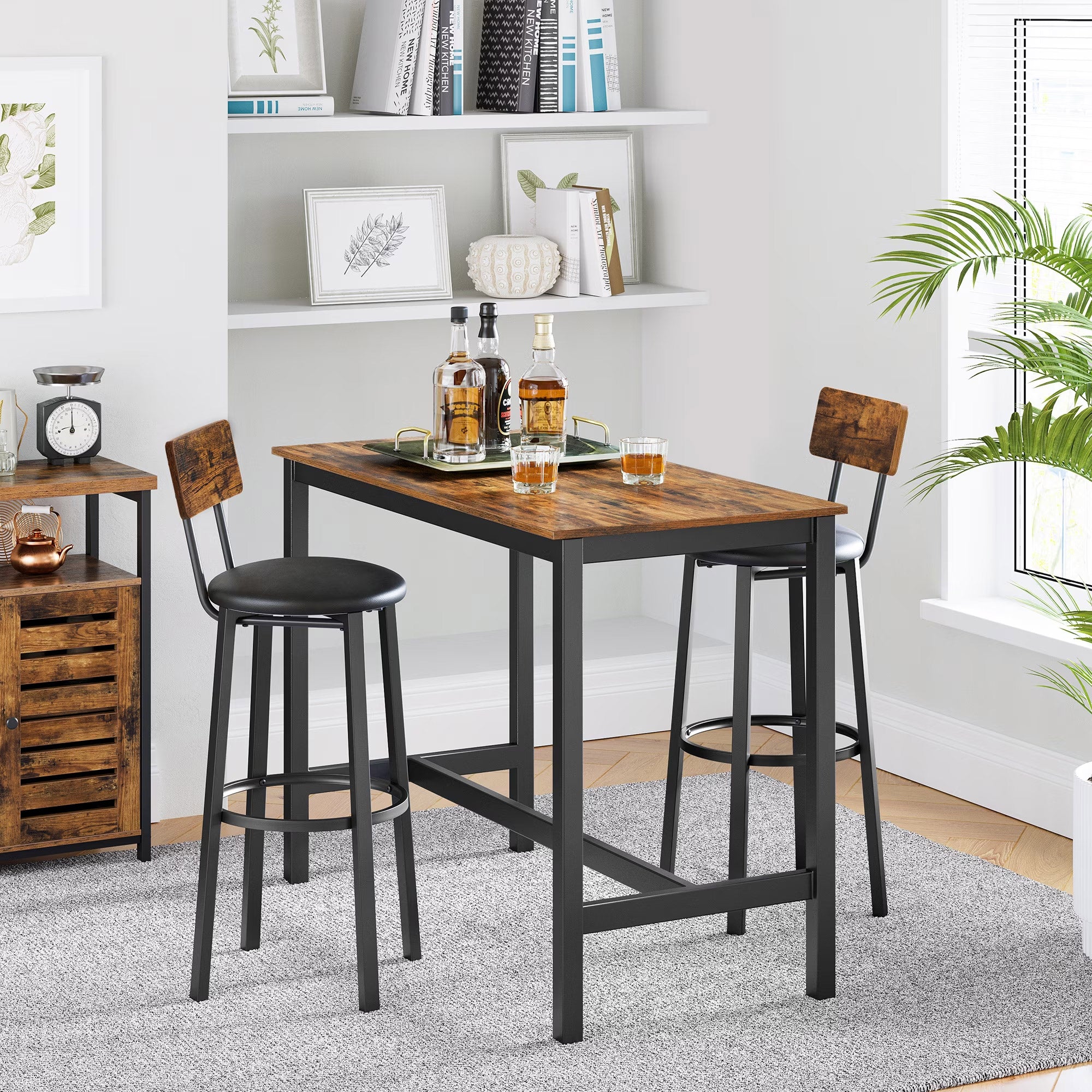 VASAGLE Set 2 scaune de bar cu spatar din PAL, sezut moale tapitat, 39x100x76cm, maro rustic si negru