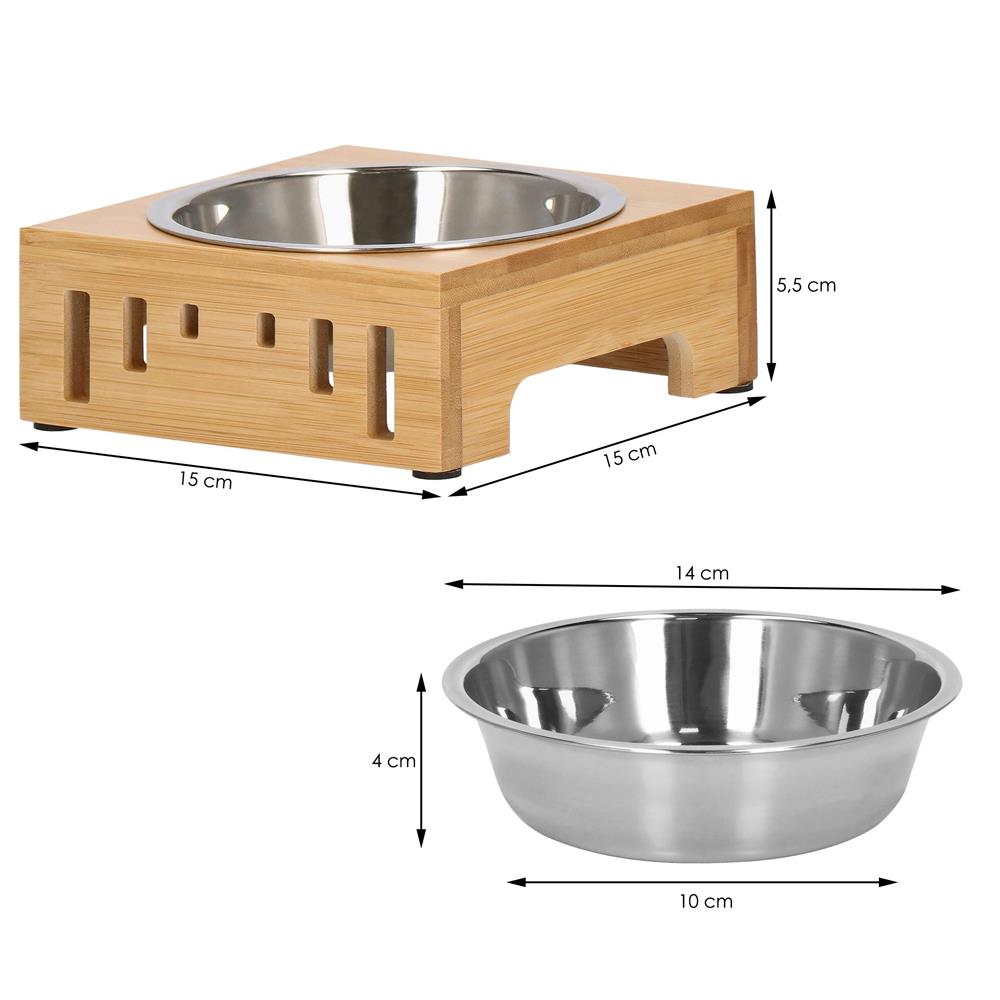Castron inox, bol, pentru caine sau pisica, cu suport din bambus, 15cm