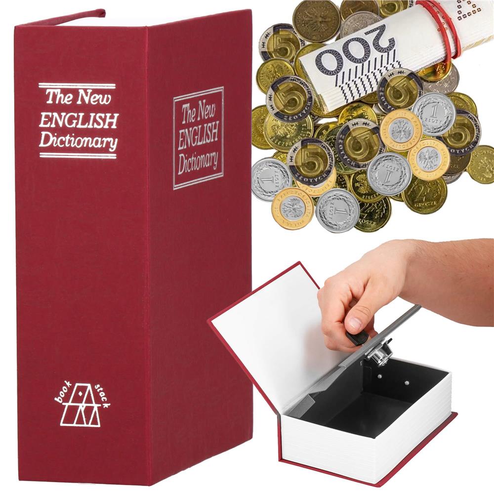 Caseta de valori, cutie metalica cu cheie, portabila, tip carte, Dictionar, burgundy, 26.5x20x6.5 cm