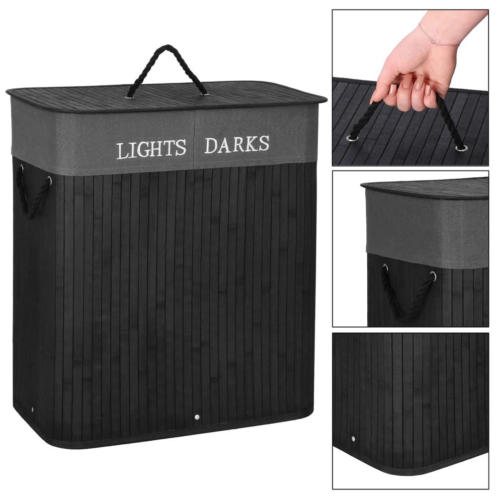 Cos de rufe din bambus cu capac, 2 compartimente, sac detasabil, volum 100L, 54x34x60cm, negru