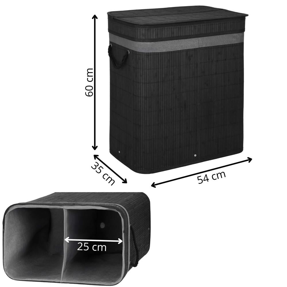 Cos de rufe din bambus cu capac, 2 compartimente, sac detasabil, volum 100L, 54x35x60cm, negru