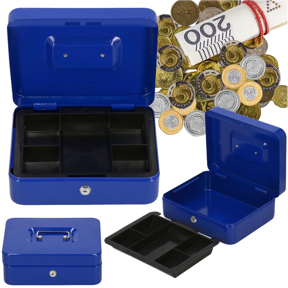 Caseta pentru bani tip cutie de valori, compartimentanta, cu cheie, metal, 25x20x9cm, albastru