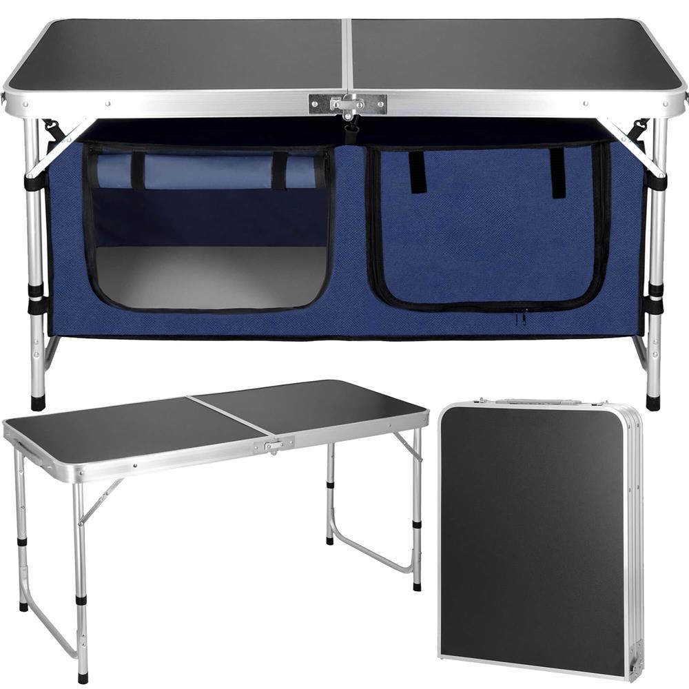 Masa camping pliabila cu spatiu depzoitare si cadru din aluminiu, blat MDF, 120x47x62/71cm, gri