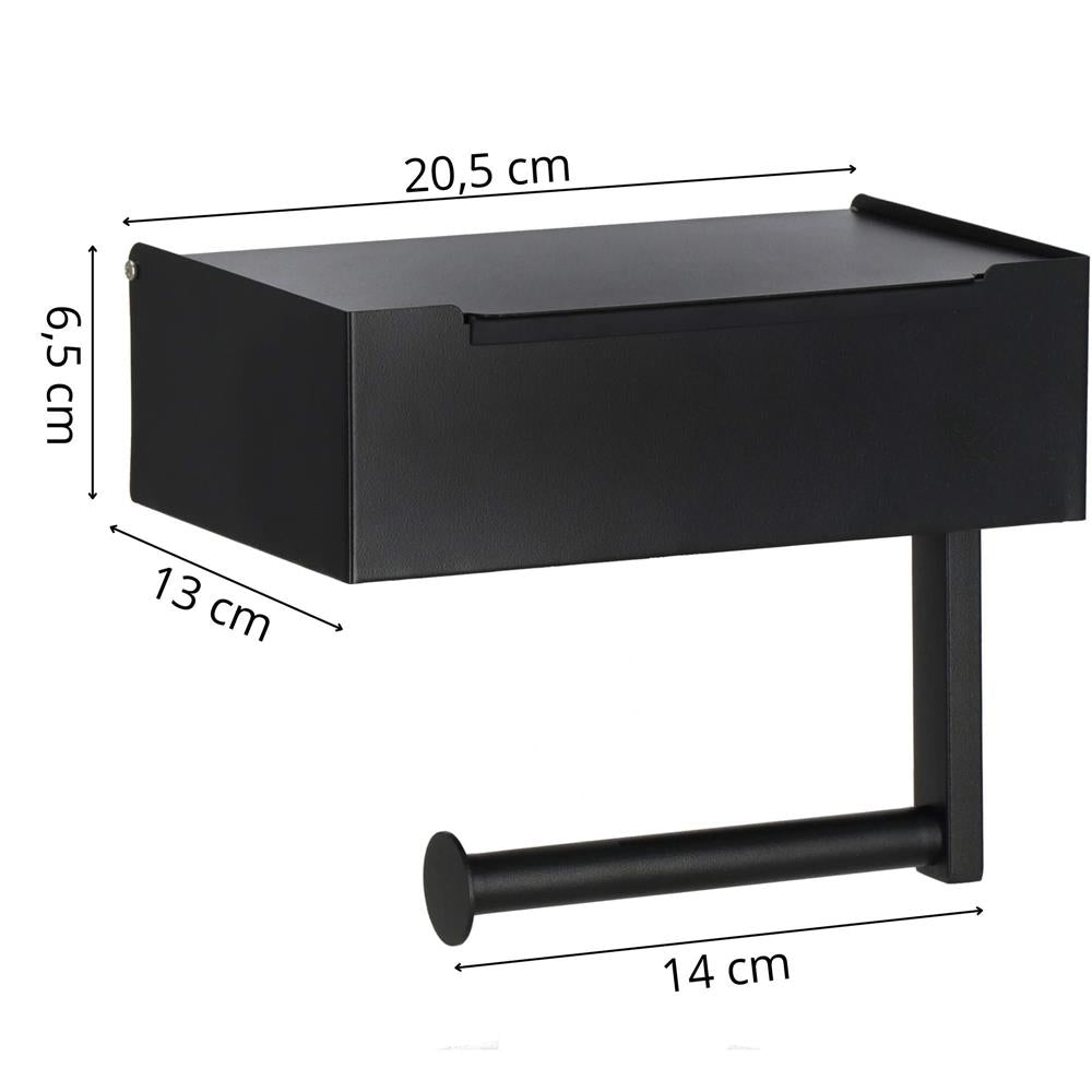 Suport hartie igienica din otel cu sertar depozitare, sistem montare inclus, 22cm, negru bej