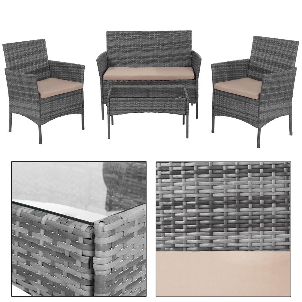Set mobilier terasa, din tehnorattan, masa cu blat sticla securizata, 2 fotolii si 1 canapea cu perne, gri