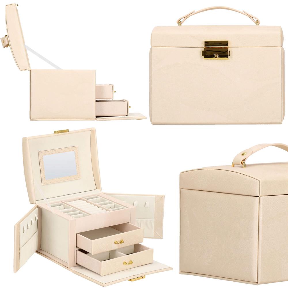 Cutie depozitare si organizare bijuterii, piele ecologica + velur, 18 x 13,5 x 14cm, crem