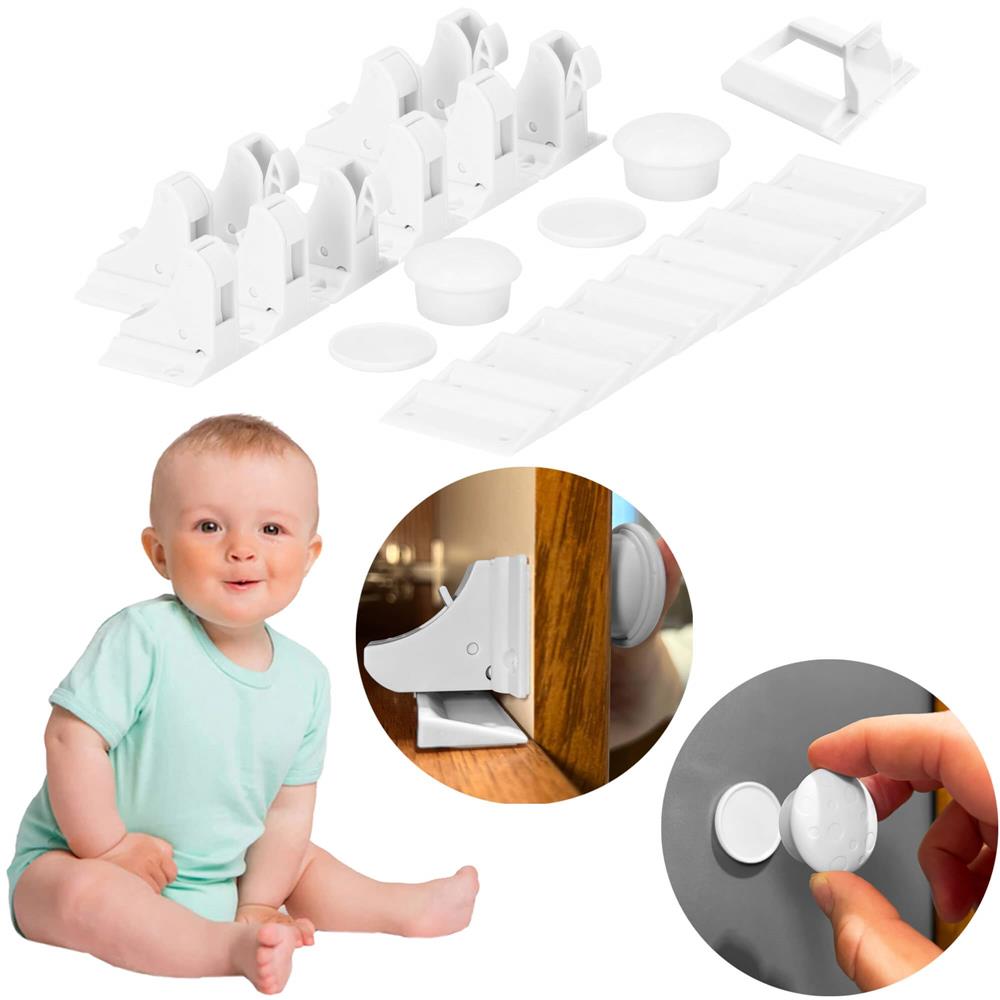 Set 4 sigurante magnetice ascunse, blocator sertare si usi, 2 sisteme fixare incluse, alb