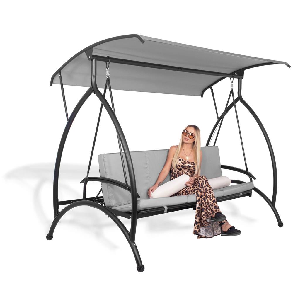 Balansoar gradina 230x136x190 cm, 2 in 1 leagan si pat, copertina reglabila, saltea si perne incluse, cadru otel, gri si ecru