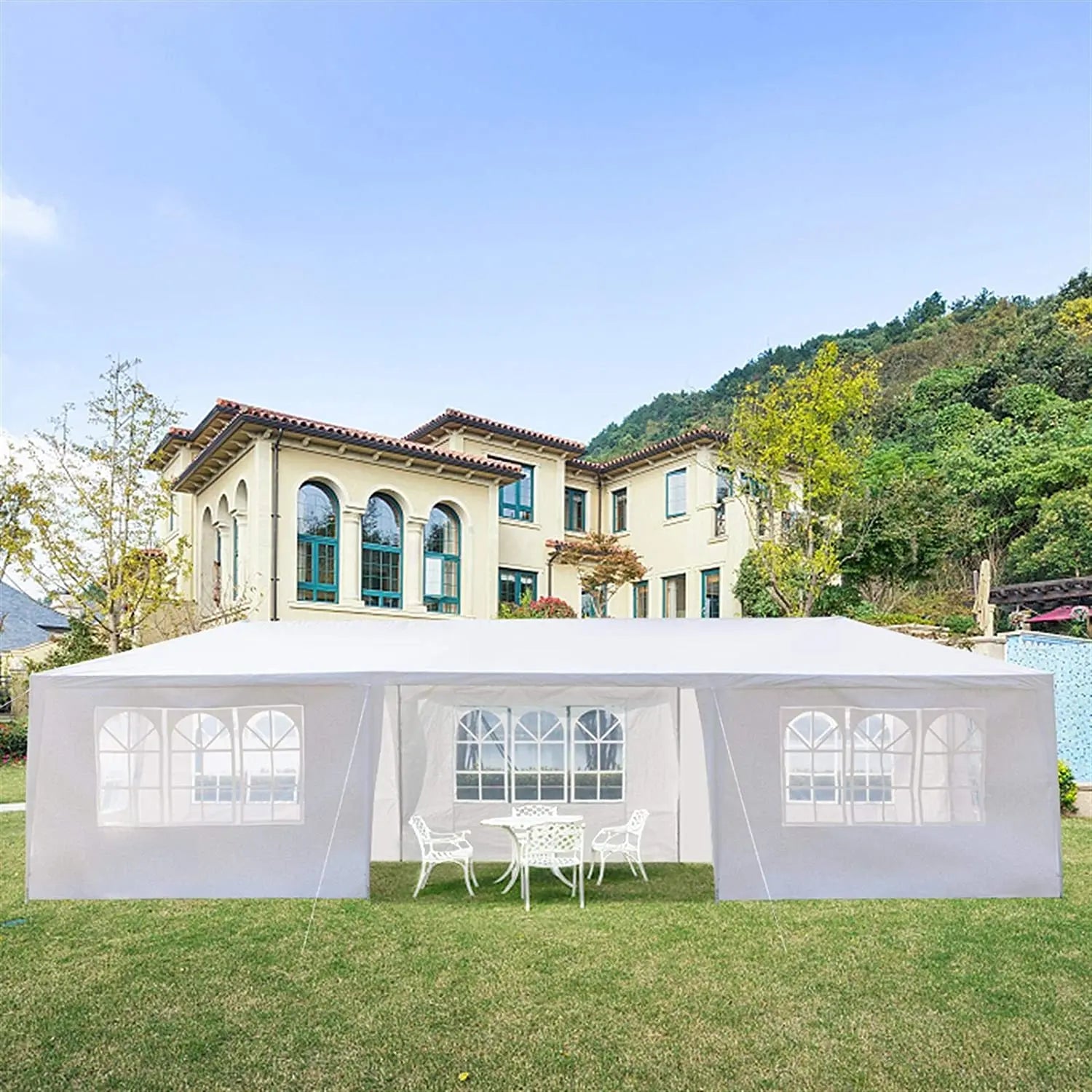 Cort pavilion 9x3m pentru gradina sau evenimente, cu 8 pereti laterali, alb - 2