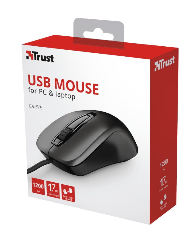 MOUSE TRUST, "Carve", PC sau NB, cu fir, USB, optic, 1200 dpi, butoane/scroll 3/1, , negru, "TR-23733"