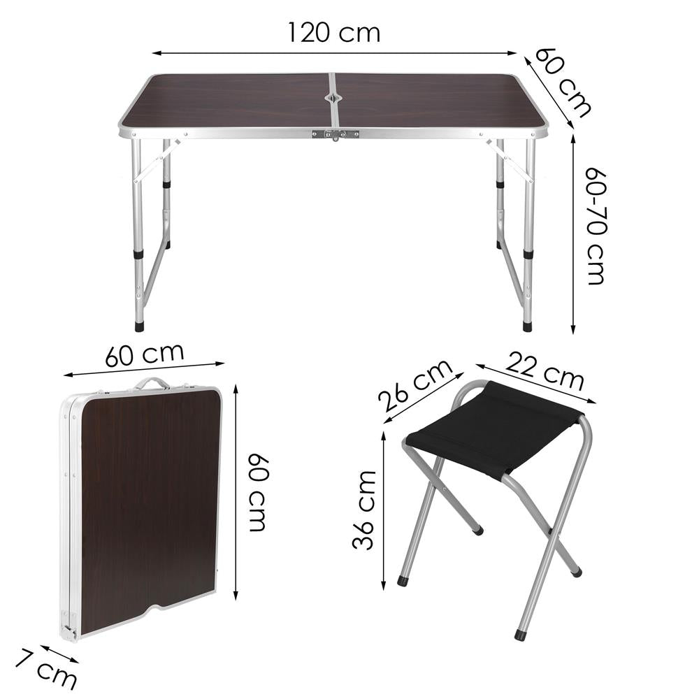 Set masa camping pliabila blat MDF cu 4 scaune, 120x60x60/70cm, Maro Negru