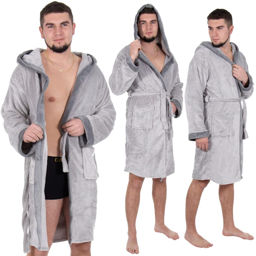 Halat de baie pentru barbati pana la genunchi, gluga mare, marimea L/XL, gri
