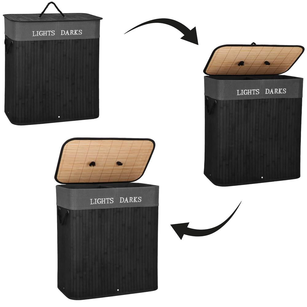Cos de rufe din bambus cu capac, 2 compartimente, sac detasabil, volum 100L, 54x34x60cm, negru