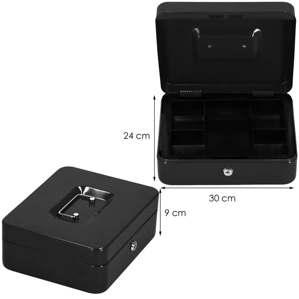 Caseta pentru bani tip cutie de valori, compartimentanta, cu cheie, metal, 30x24x9cm, negru