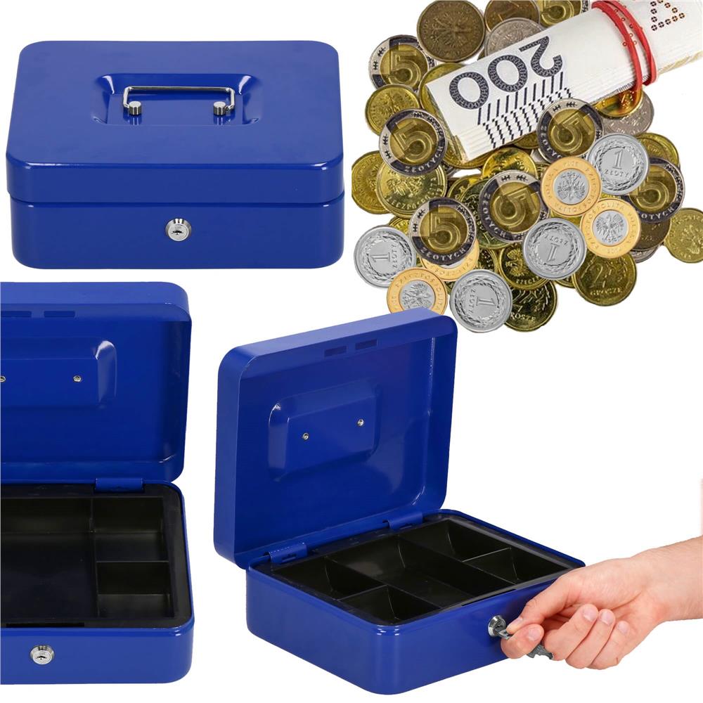 Caseta pentru bani tip cutie de valori, compartimentanta, cu cheie, metal, 20x16x9cm, albastru