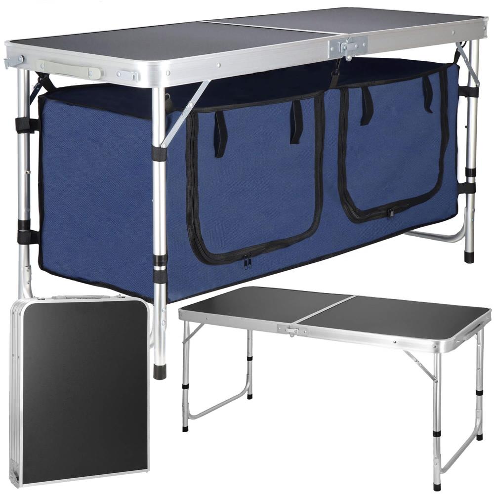 Masa camping pliabila cu spatiu depzoitare si cadru din aluminiu, blat MDF, 120x47x62/71cm, gri