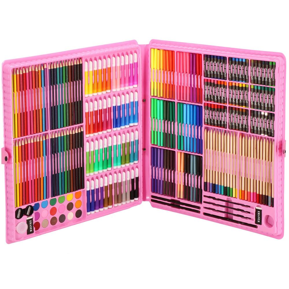 Set de pictura si desen pentru copii, 258 de piese, trusa plastic roz