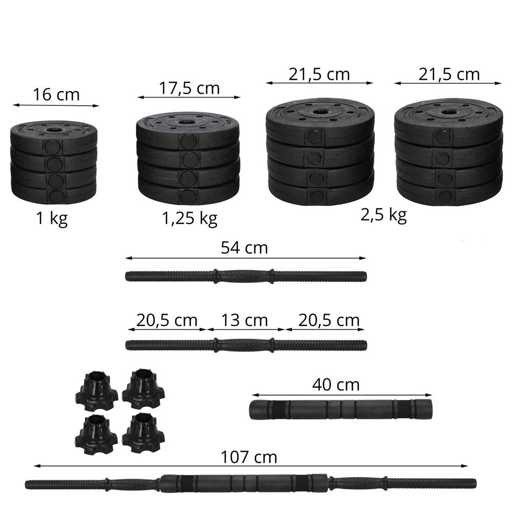 Set de greutati multifunctionale transformabil in gantere, kettlebell, haltera, total 29 kg