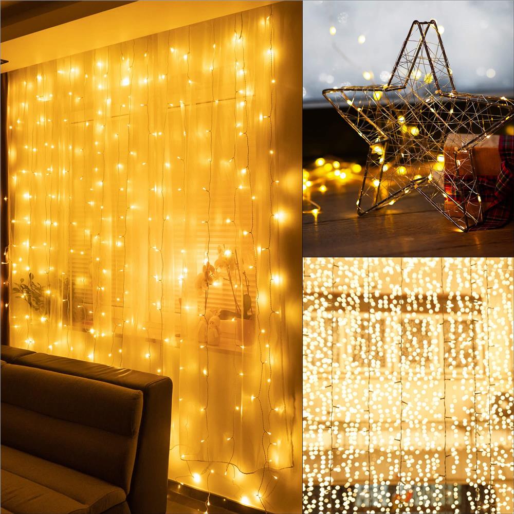 Ghirlanda luminoasa tip perdea 300 LED-uri, 3x3m, pentru interior, cu telecomanda, alb cald (galben)