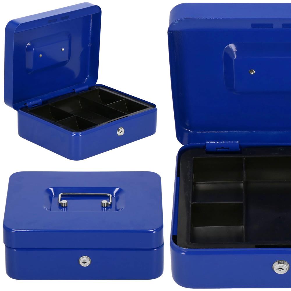 Caseta pentru bani tip cutie de valori, compartimentanta, cu cheie, metal, 20x16x9cm, albastru