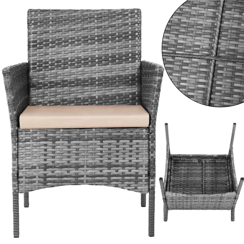 Set mobilier terasa, din tehnorattan, masa cu blat sticla securizata, 2 fotolii si 1 canapea cu perne, gri