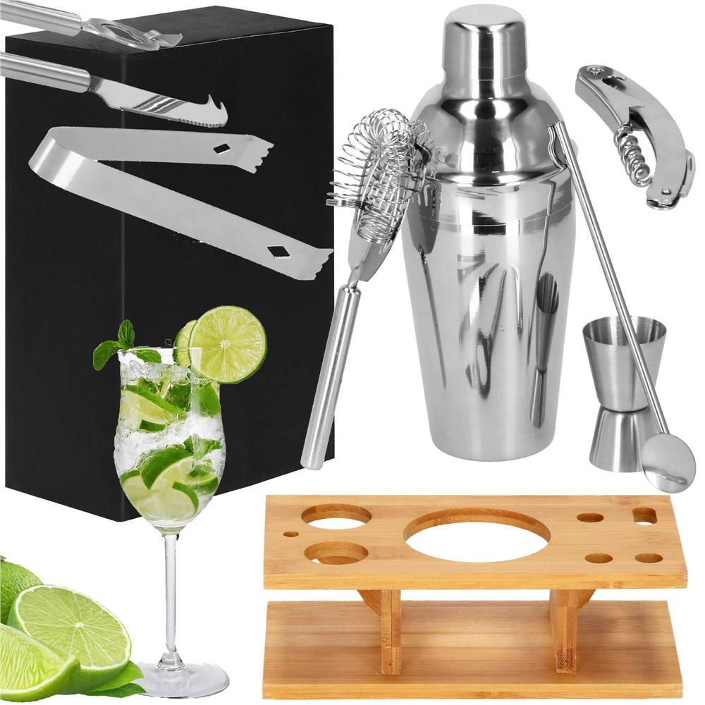 Set Cocktail Shaker Kit pentru barmani 550ml, KI22, suport bambus, 9 piese