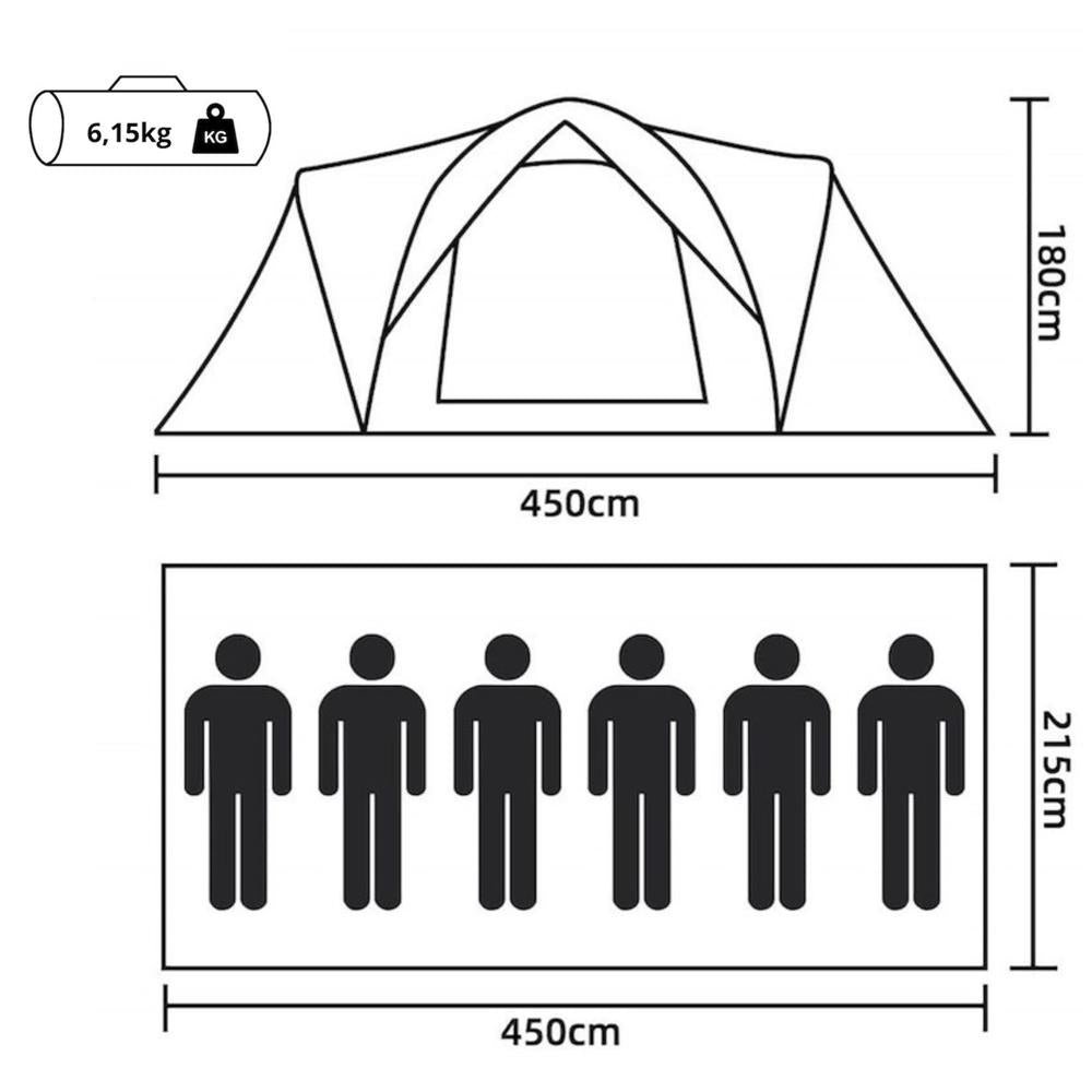 Cort camping, impemeabil, protectie UV, 6 locuri, 215x450x180cm, gri