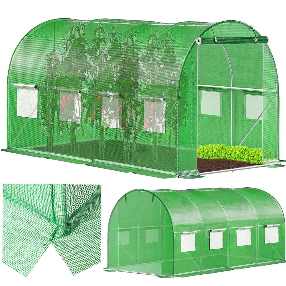 Sera de gradina, tip tunel cu cadru metalic, 200x450cm, 9 ferestre, verde, 9 mp