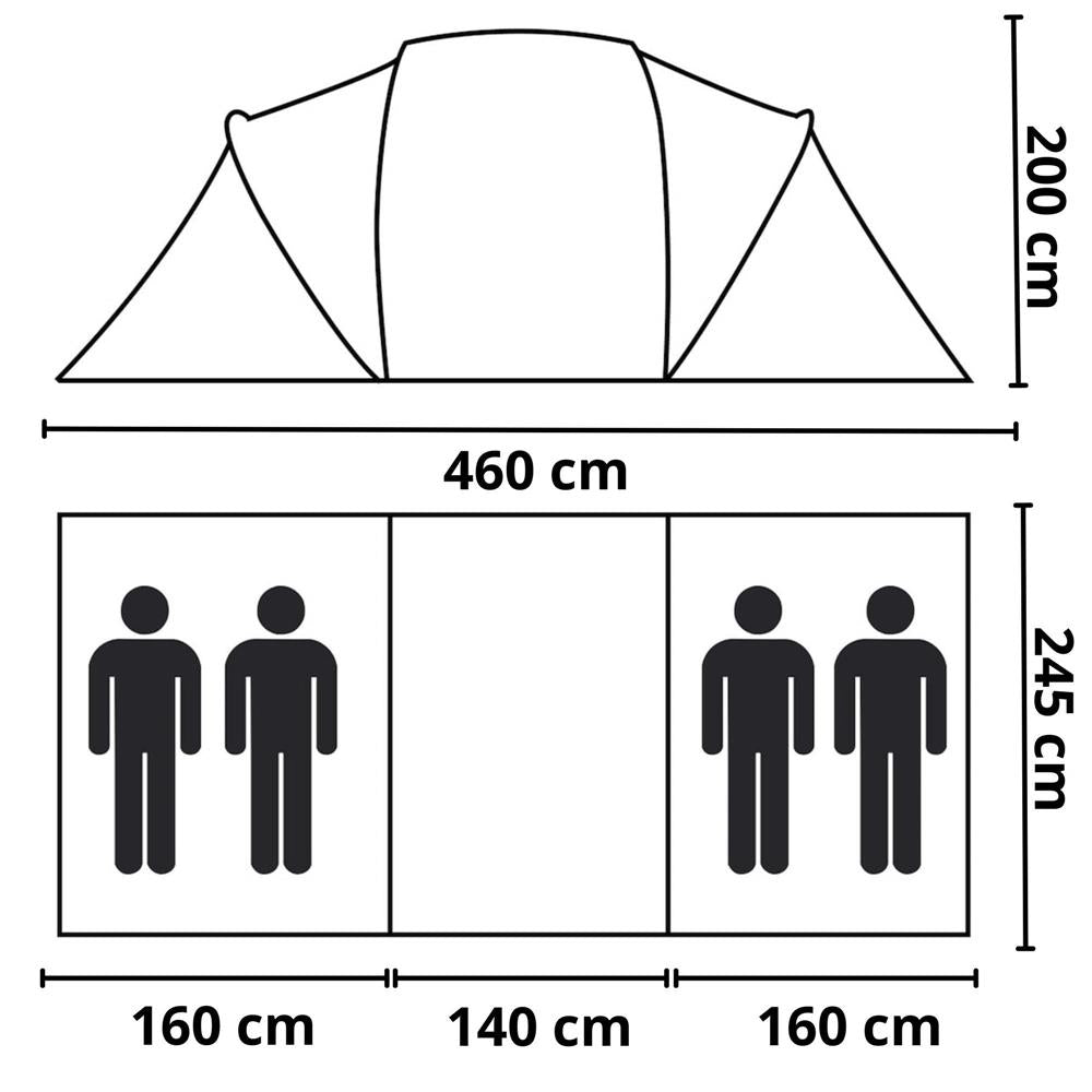 Cort camping, impemeabil, 2 camere + hol, 4 locuri, 460x200x245cm, verde - 23