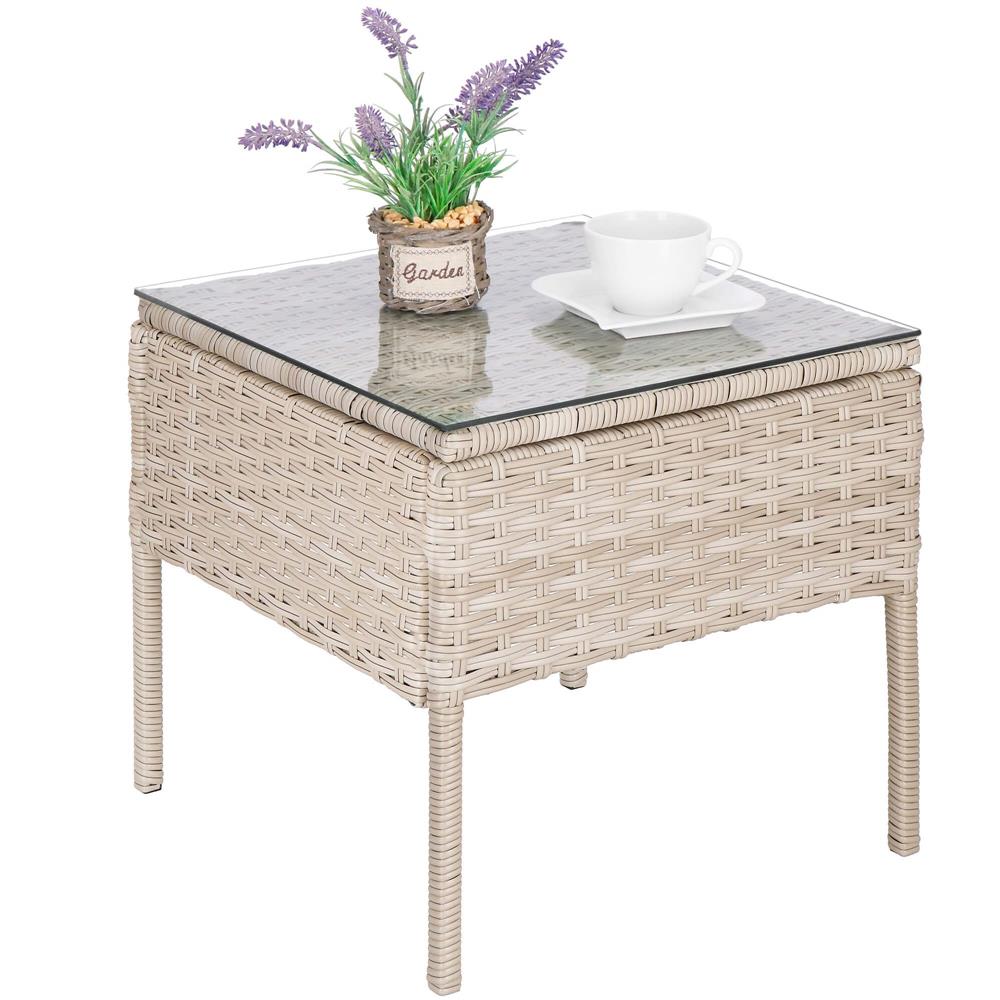 Set mobilier terasa, din tehnorattan, masa cu blat sticla securizata, 2 fotolii cu perne, bej