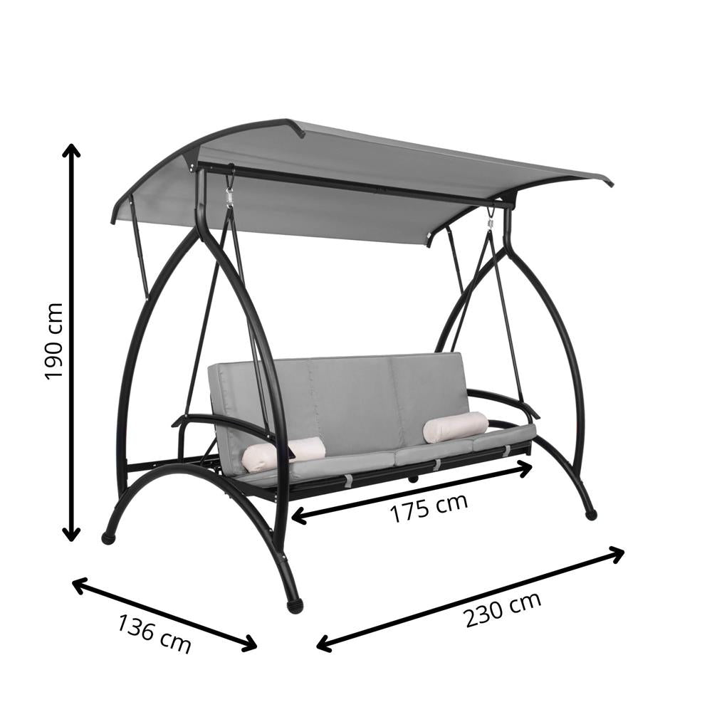 Balansoar gradina 230x136x190 cm, 2 in 1 leagan si pat, copertina reglabila, saltea si perne incluse, cadru otel, gri si ecru