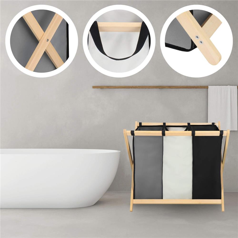 Cos de rufe cu 3 compartimente, cadru din lemn, 67x43x55 cm, 105 litri