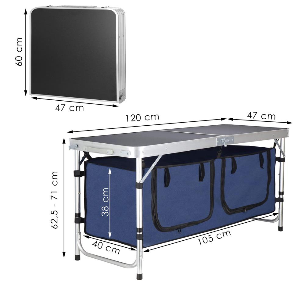 Masa camping pliabila cu spatiu depzoitare si cadru din aluminiu, blat MDF, 120x47x62/71cm, gri