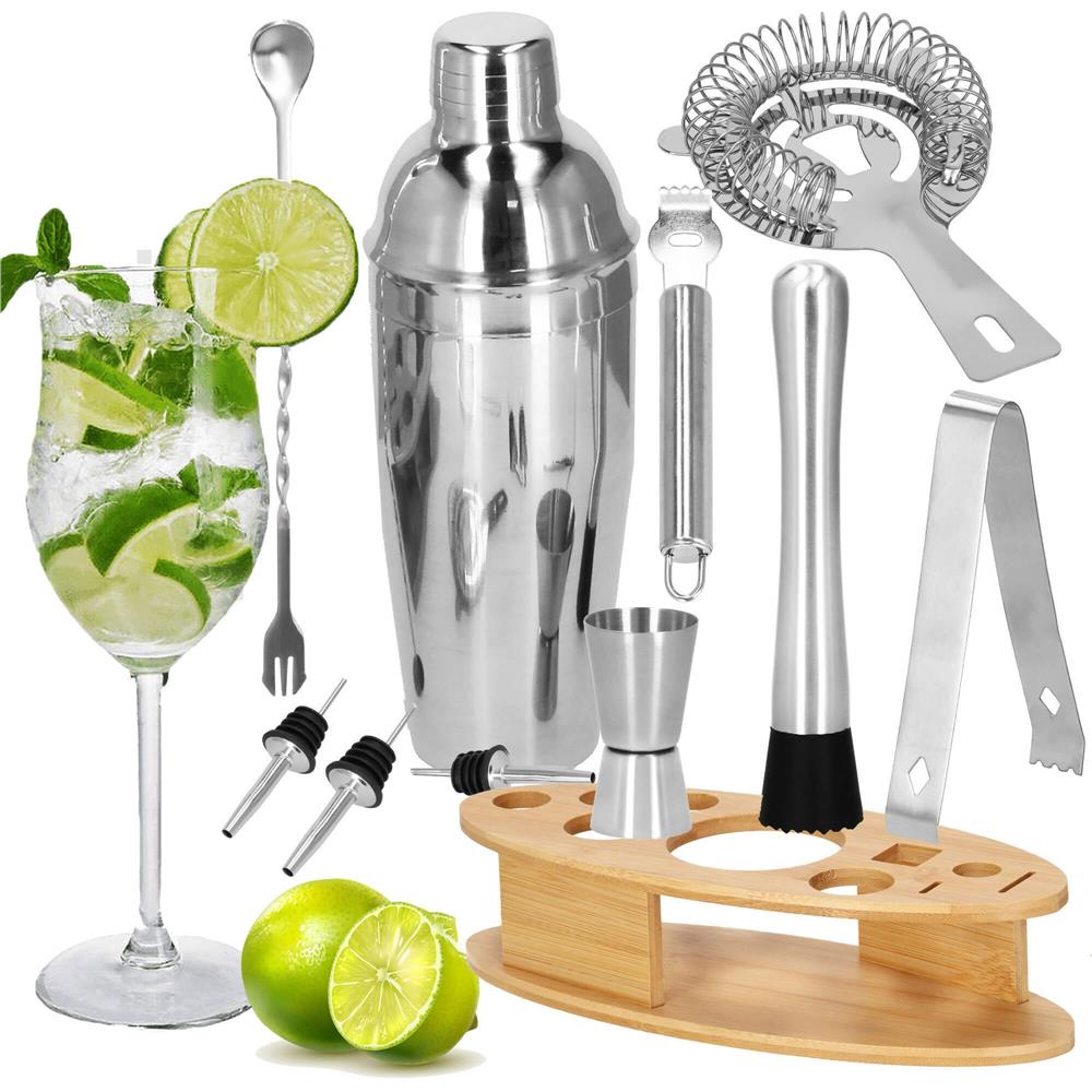 Set Cocktail Shaker Kit pentru barmani 550ml, KI24, suport bambus, 11 piese