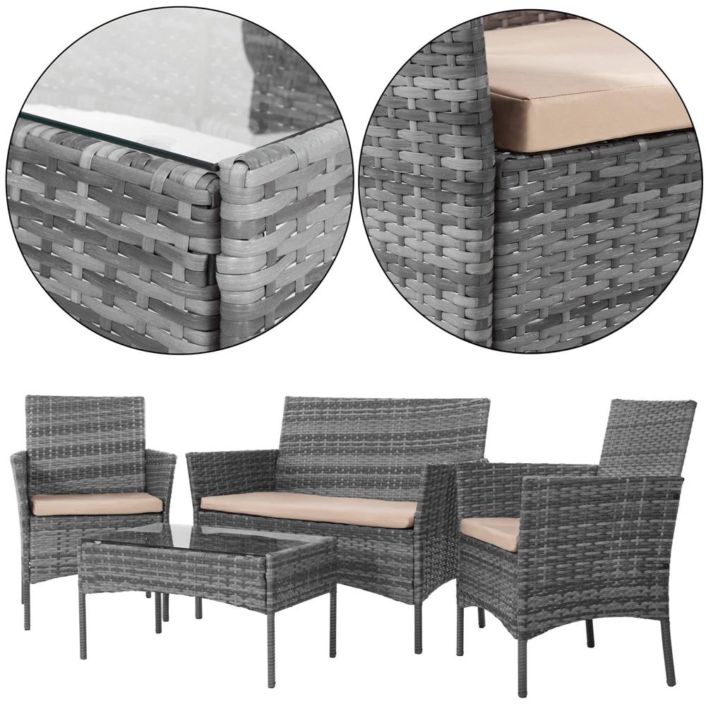 Set mobilier terasa, din tehnorattan, masa cu blat sticla securizata, 2 fotolii si 1 canapea cu perne, gri
