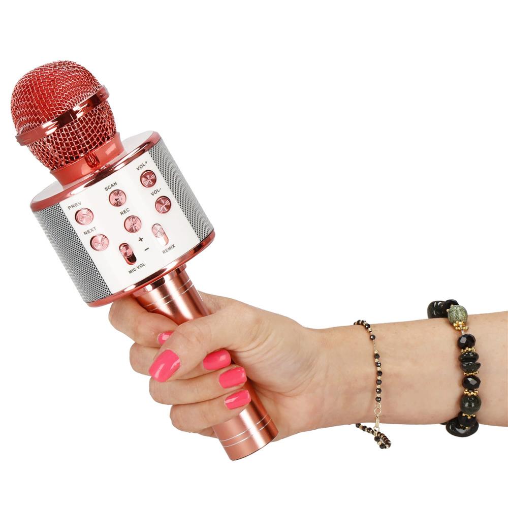 Microfon karaoke copii, wireless, cu acumulator, compatibil iOS si Android, functie de schimbare a vocii, roz