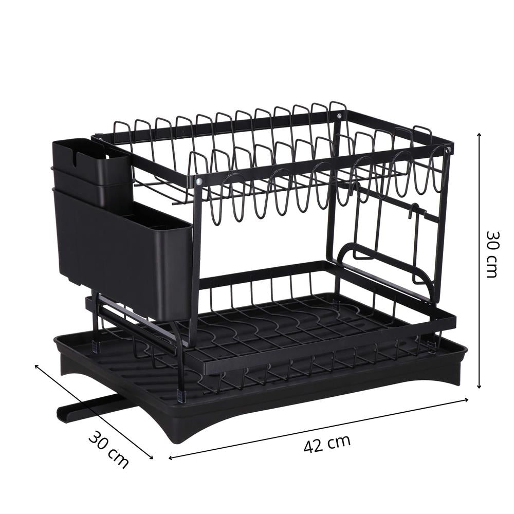 Uscator de vase cu suport pahare si tacamuri, din otel, pe 2 nivele, cu sistem drenaj, 42x30x30cm, negru