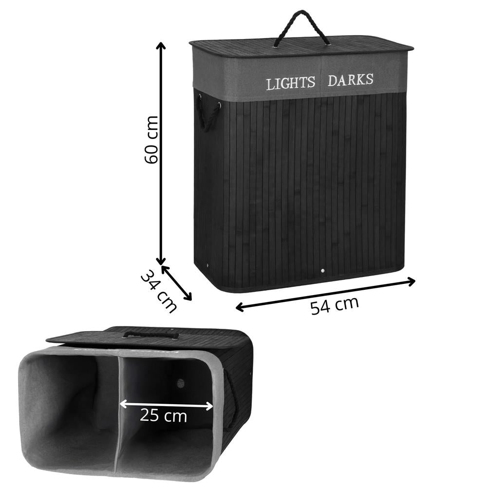 Cos de rufe din bambus cu capac, 2 compartimente, sac detasabil, volum 100L, 54x34x60cm, negru