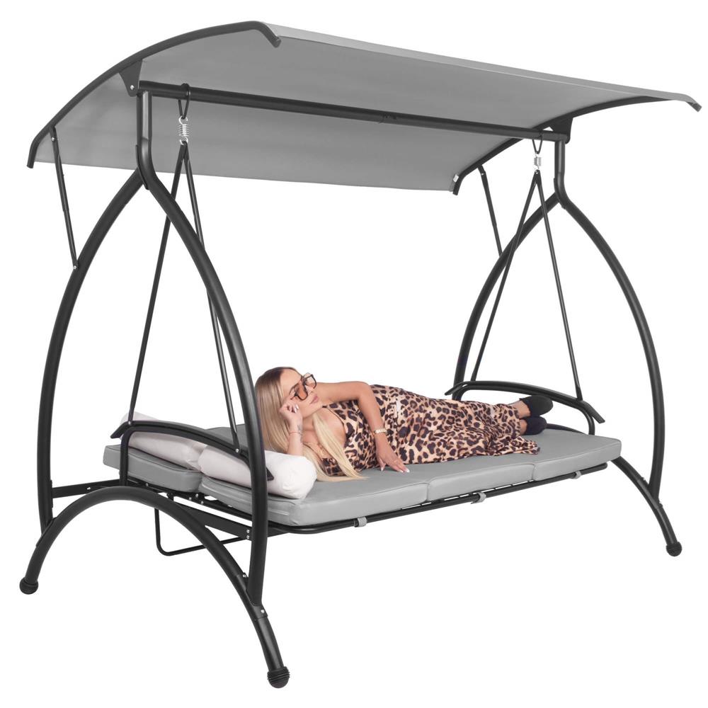 Balansoar gradina 230x136x190 cm, 2 in 1 leagan si pat, copertina reglabila, saltea si perne incluse, cadru otel, gri si ecru