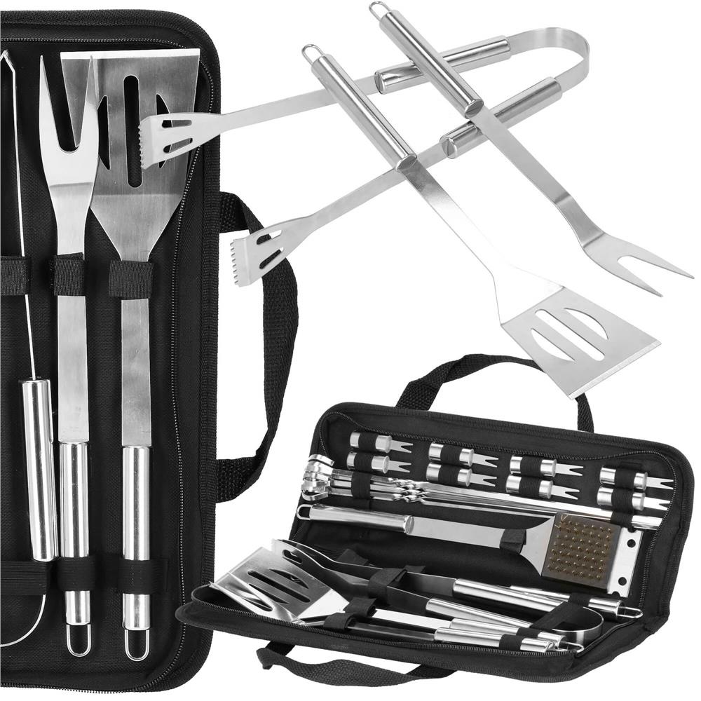 Set accesorii pentru gratar din inox, 20 de piese inclusiv perie, husa transport