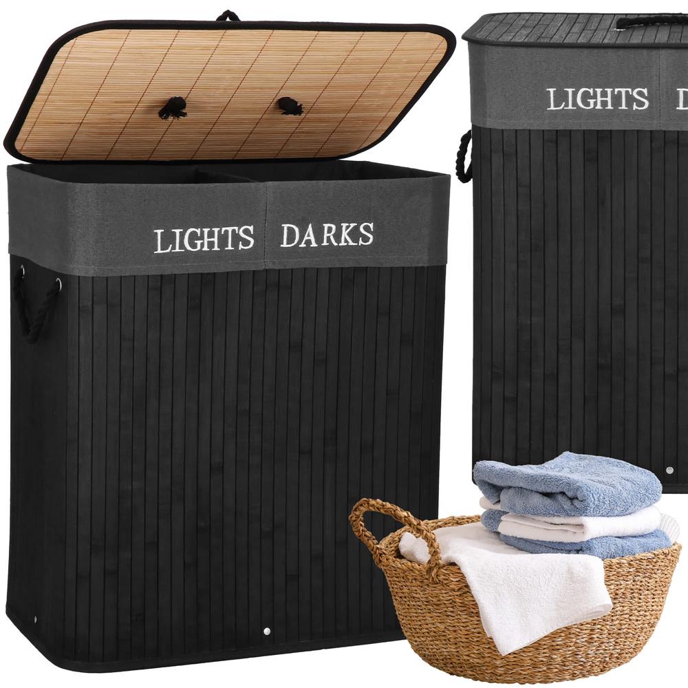 Cos de rufe din bambus cu capac, 2 compartimente, sac detasabil, volum 100L, 54x34x60cm, negru
