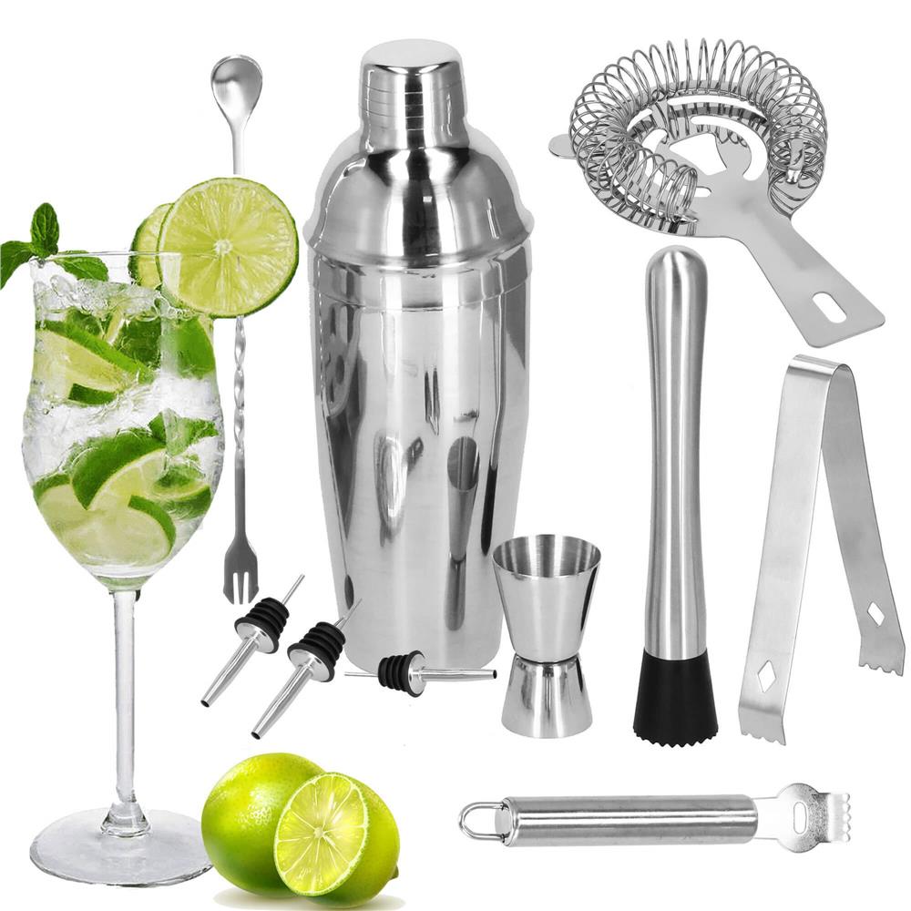 Set Cocktail Shaker Kit pentru barmani 550ml, KI24, suport bambus, 11 piese