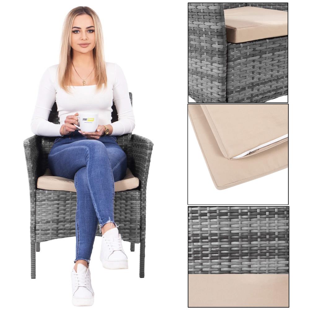 Set mobilier terasa, din tehnorattan, masa cu blat sticla securizata, 2 fotolii si 1 canapea cu perne, gri