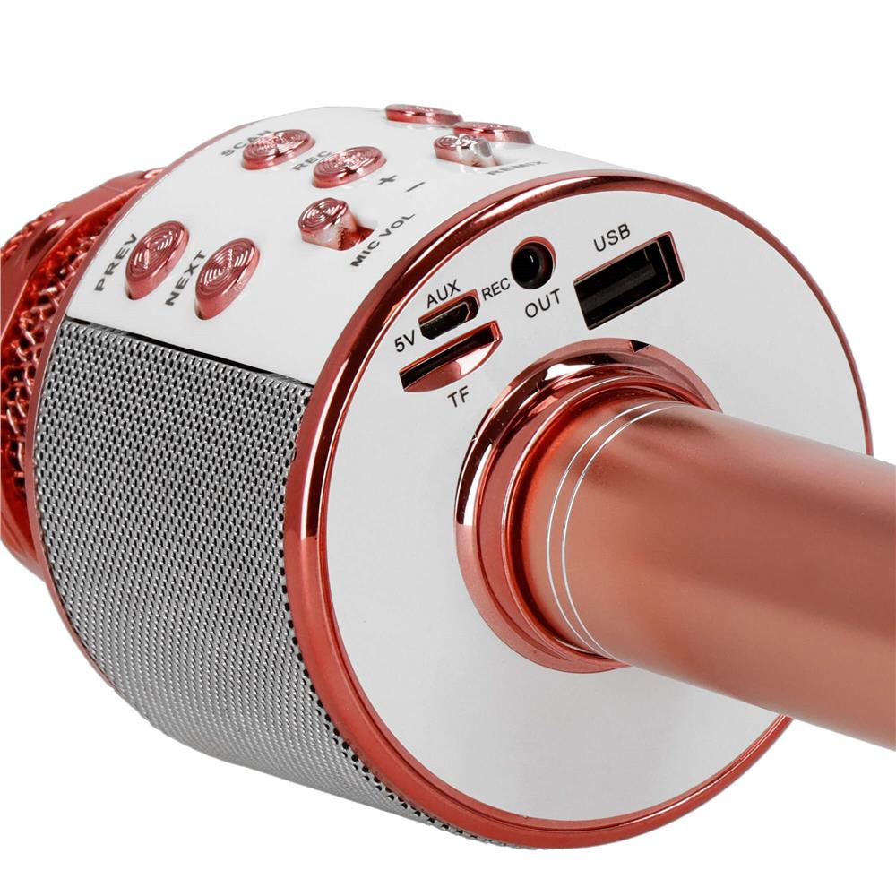 Microfon karaoke copii, wireless, cu acumulator, compatibil iOS si Android, functie de schimbare a vocii, roz