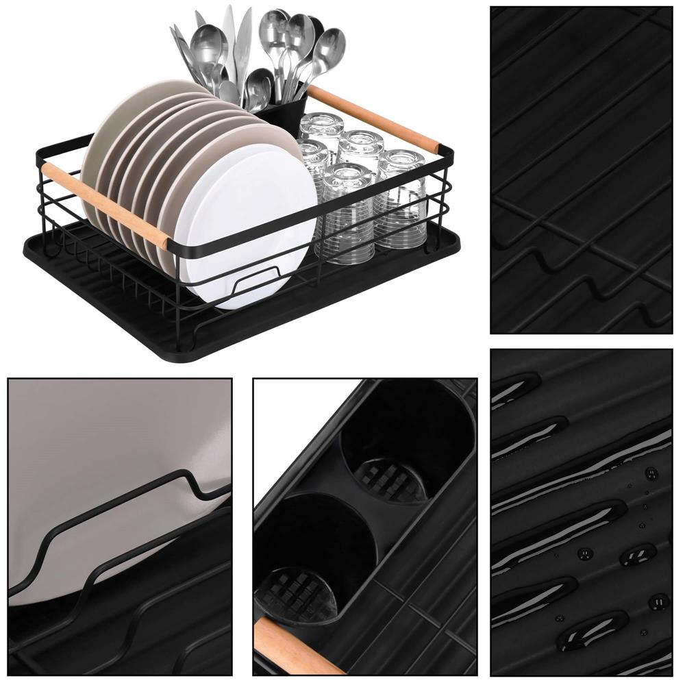 Uscator de vase cu suport tacamuri, din otel, cu tava de scurgere, manere lemn, 42x32x15cm, negru