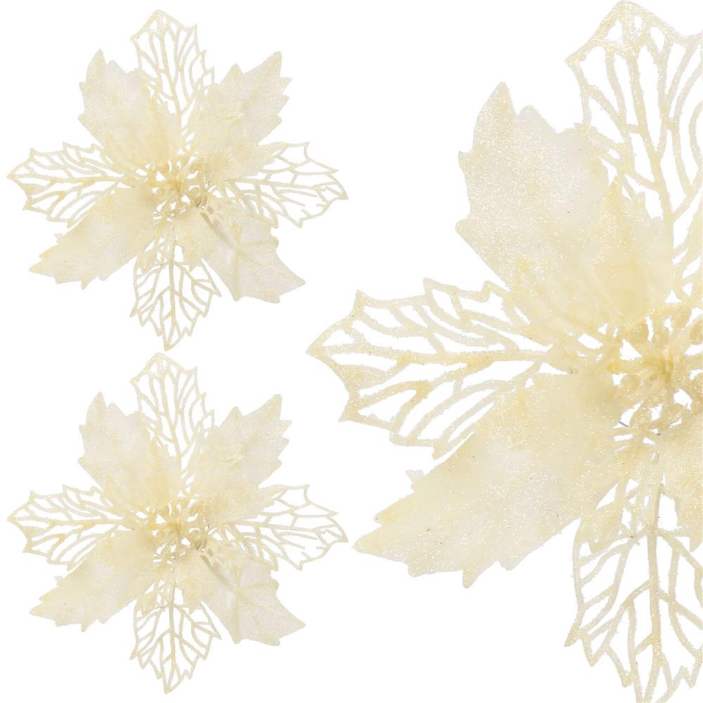 Set 10 ornamente pentru bradul de Craciun, stea Poinsettia, 16cm, crem