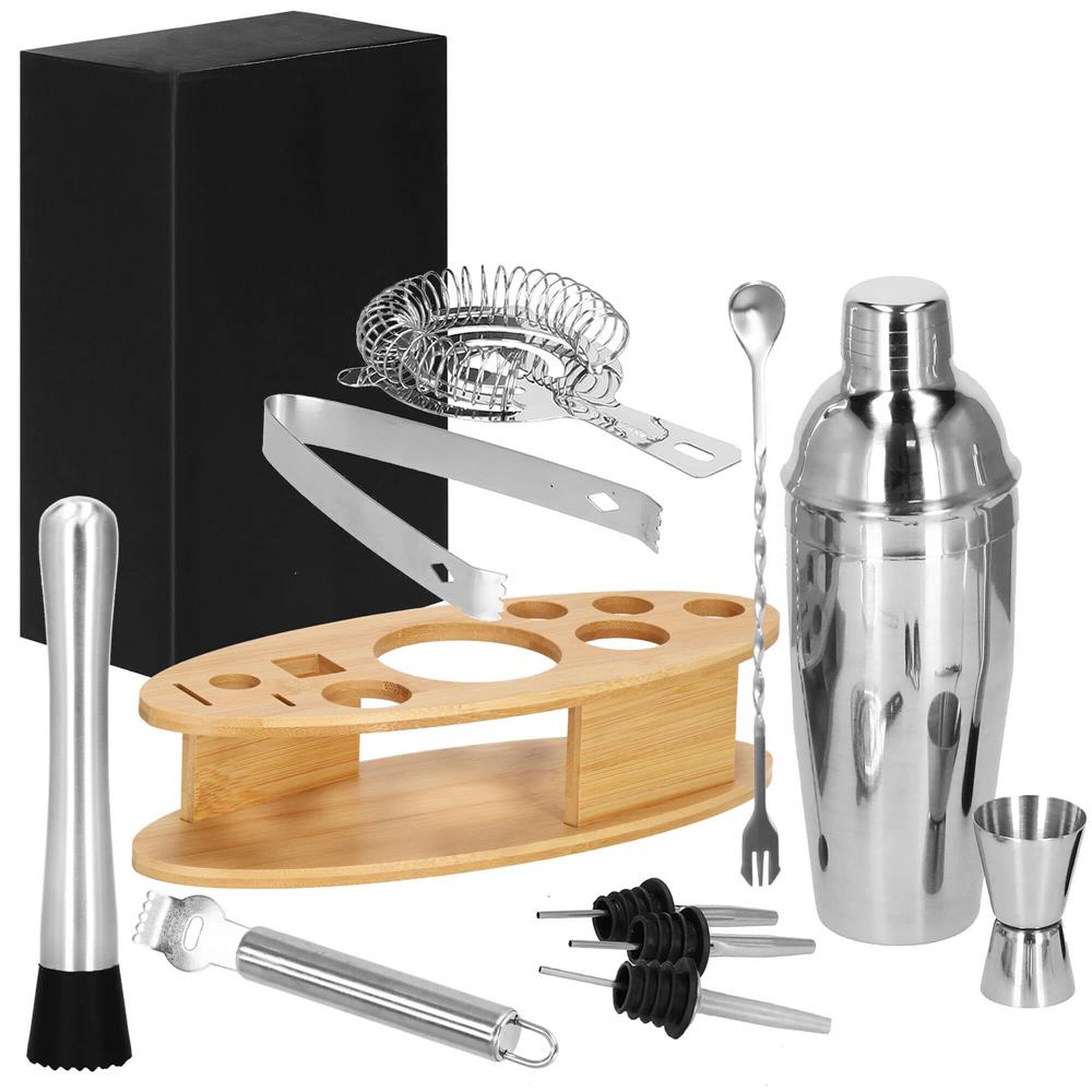 Set Cocktail Shaker Kit pentru barmani 550ml, KI24, suport bambus, 11 piese