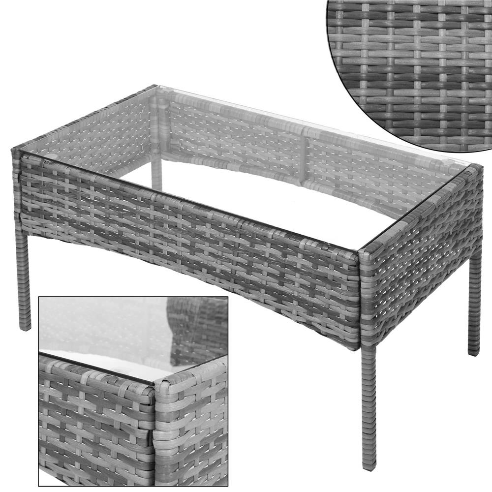 Set mobilier terasa, din tehnorattan, masa cu blat sticla securizata, 2 fotolii si 1 canapea cu perne, gri