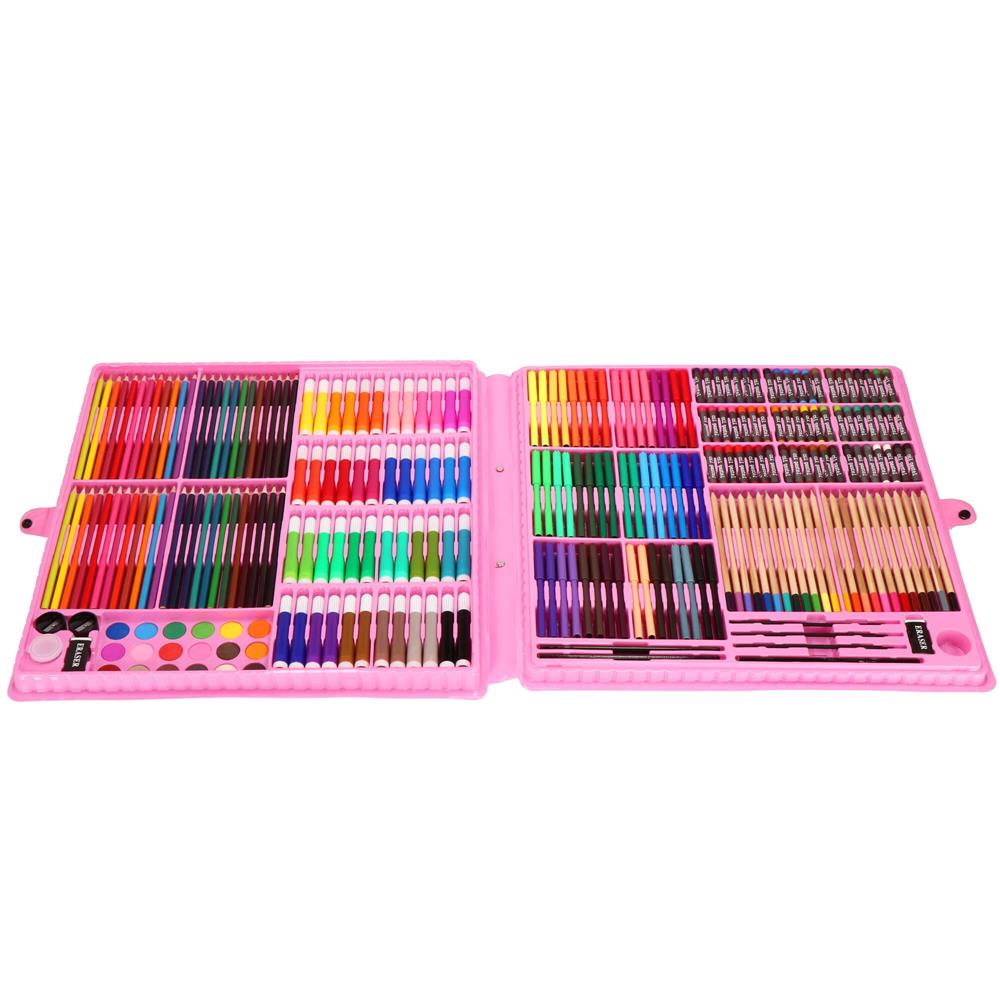 Set de pictura si desen pentru copii, 258 de piese, trusa plastic roz
